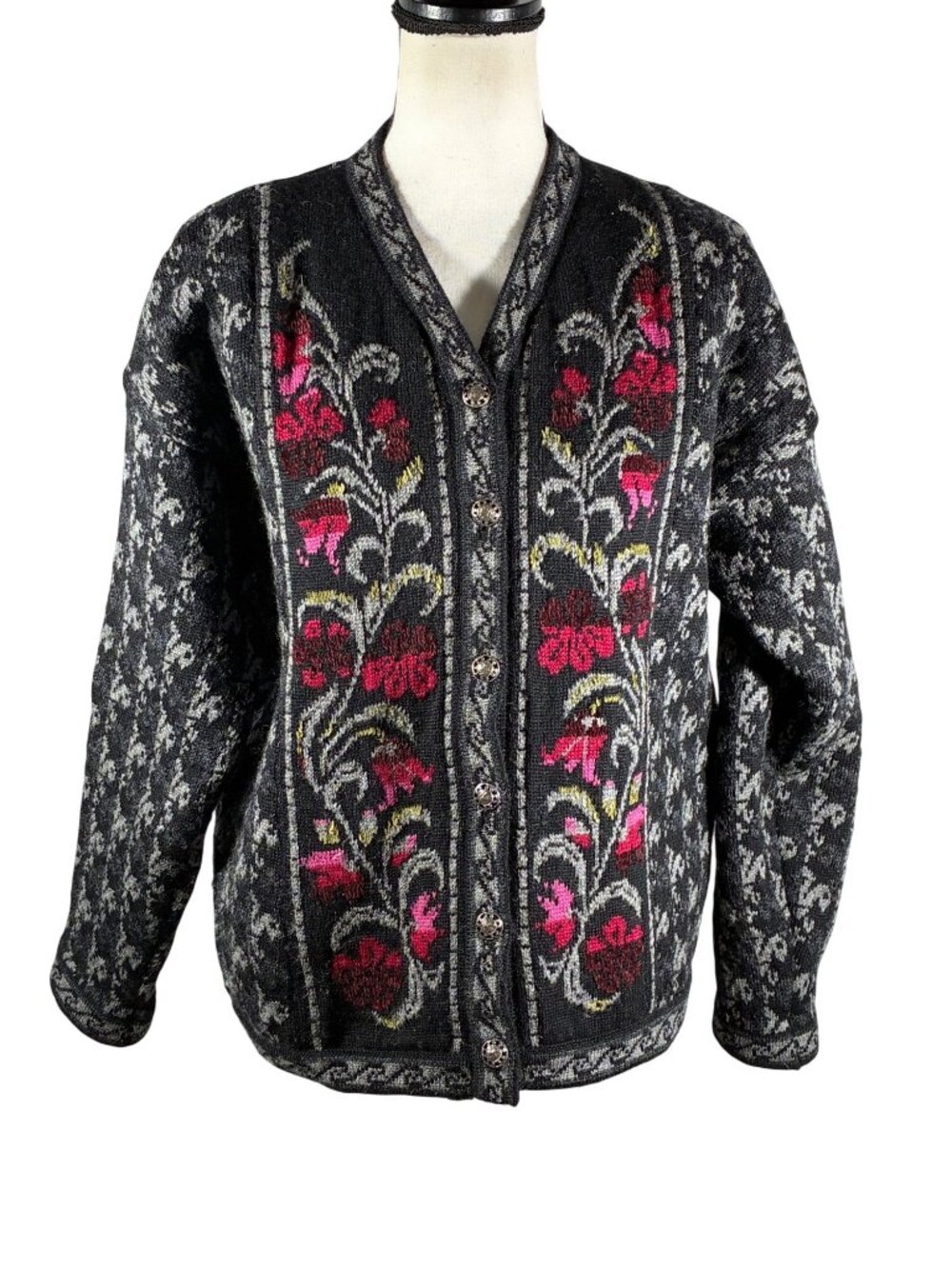 Chevyolets sz Large Wool Floral Button-Up Cardigan Sweater Made In England heavy